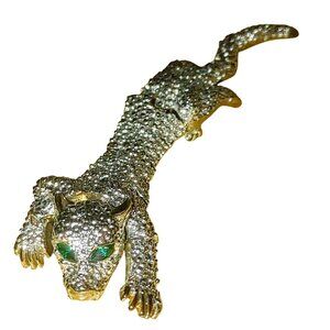 Panther Jointed Brooch Double Pin Green Rhinestone Eyes Gold Tone Articulated